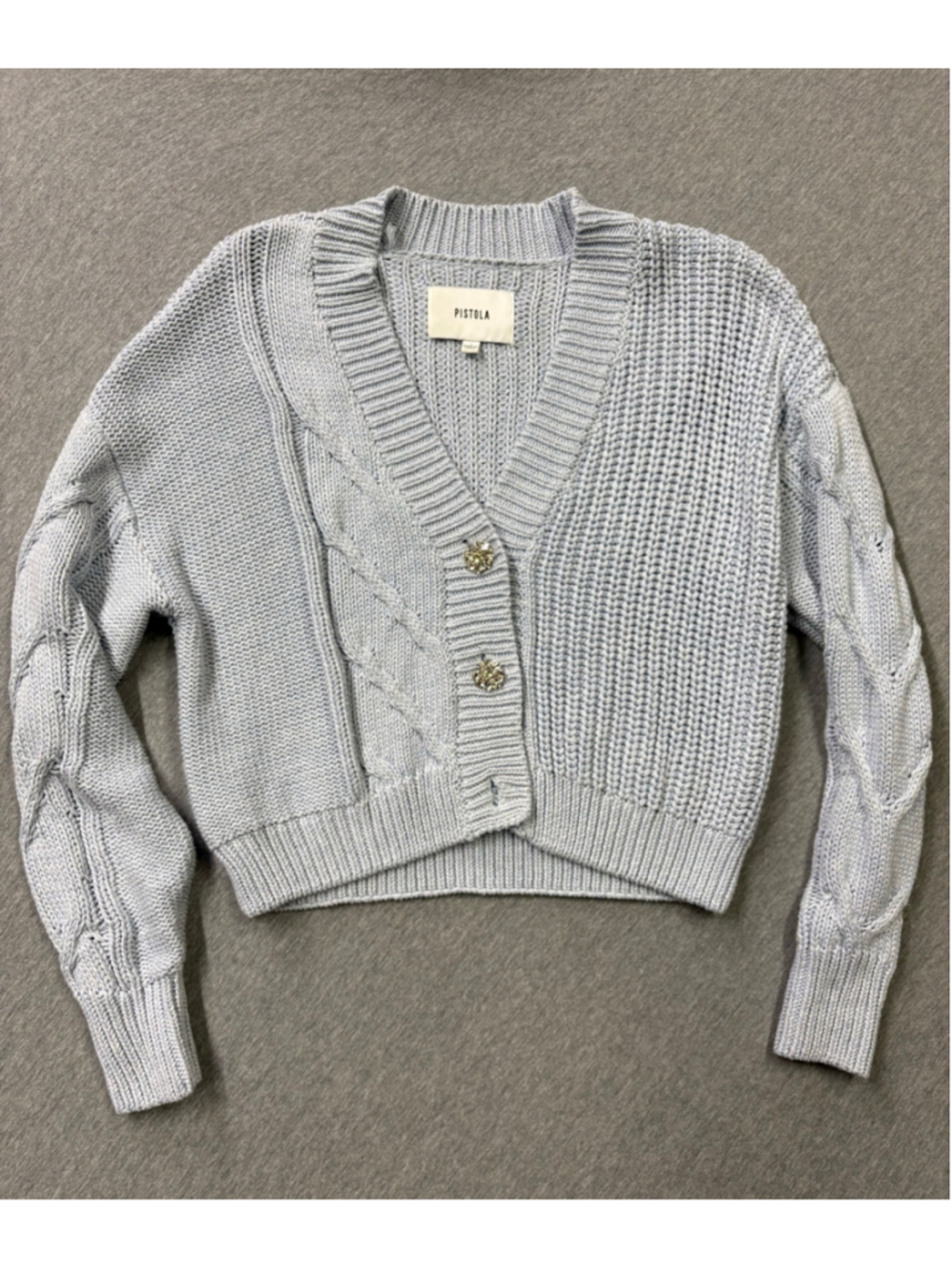 Pistola Lori Cardigan S Ash Blue Cable Knit Crystal Button Cropped Flaw